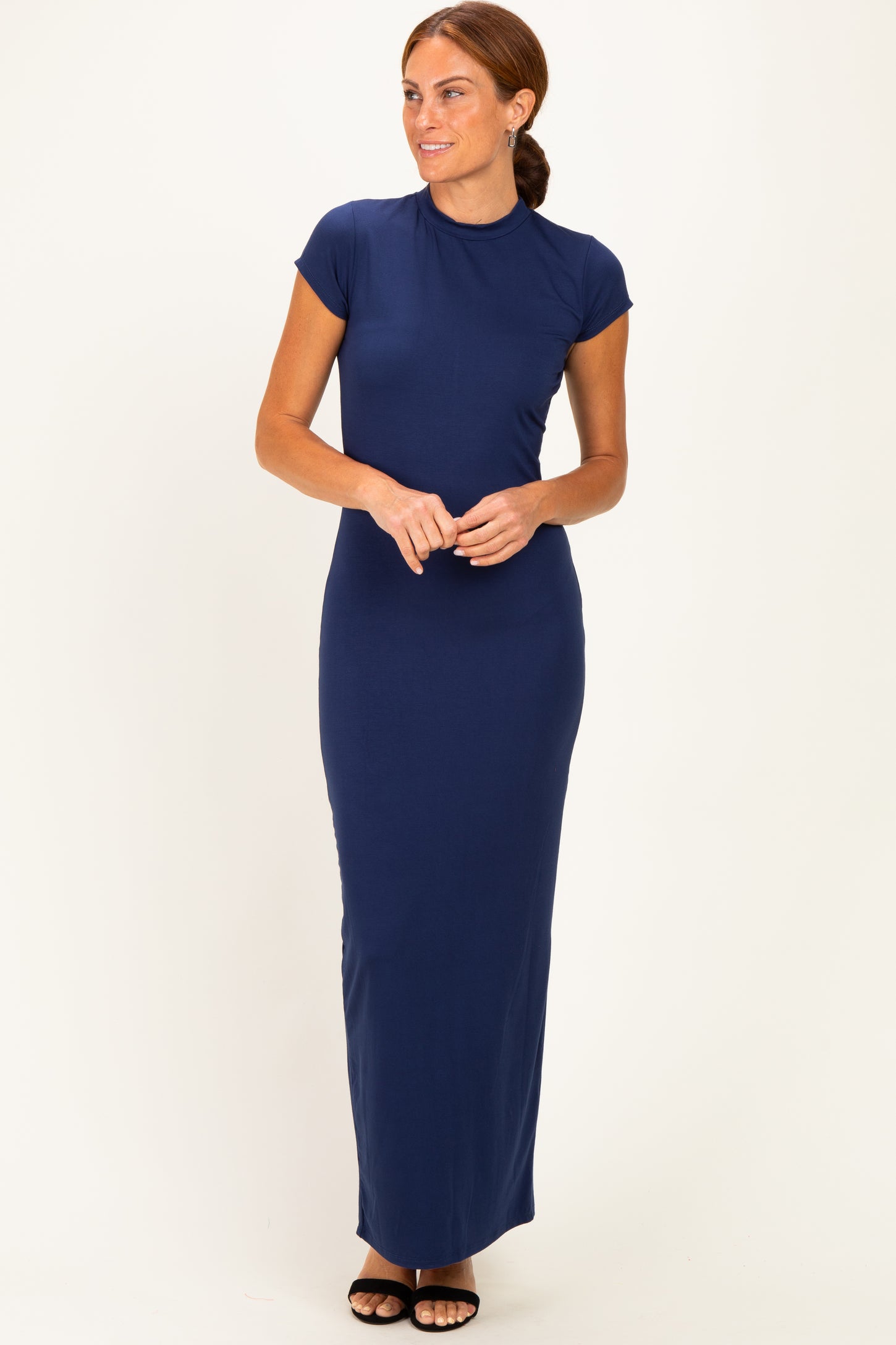 Navy Fitted Short Sleeve Maxi Dress