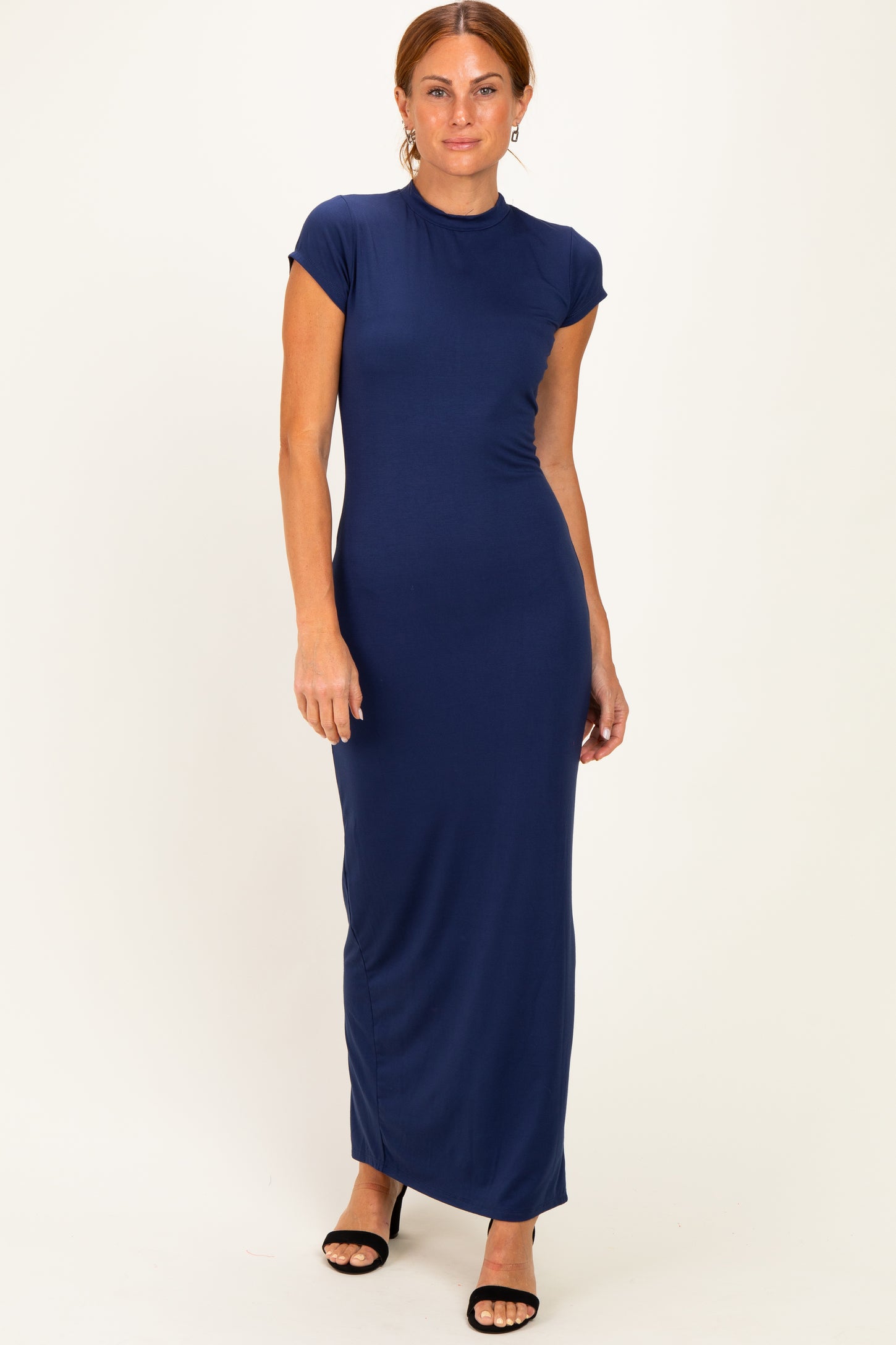 Navy Fitted Short Sleeve Maxi Dress