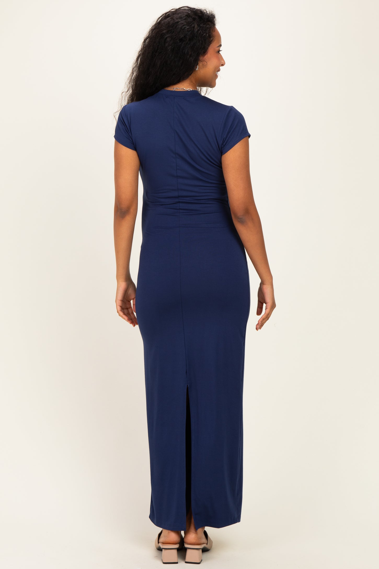Navy Fitted Short Sleeve Maternity Maxi Dress