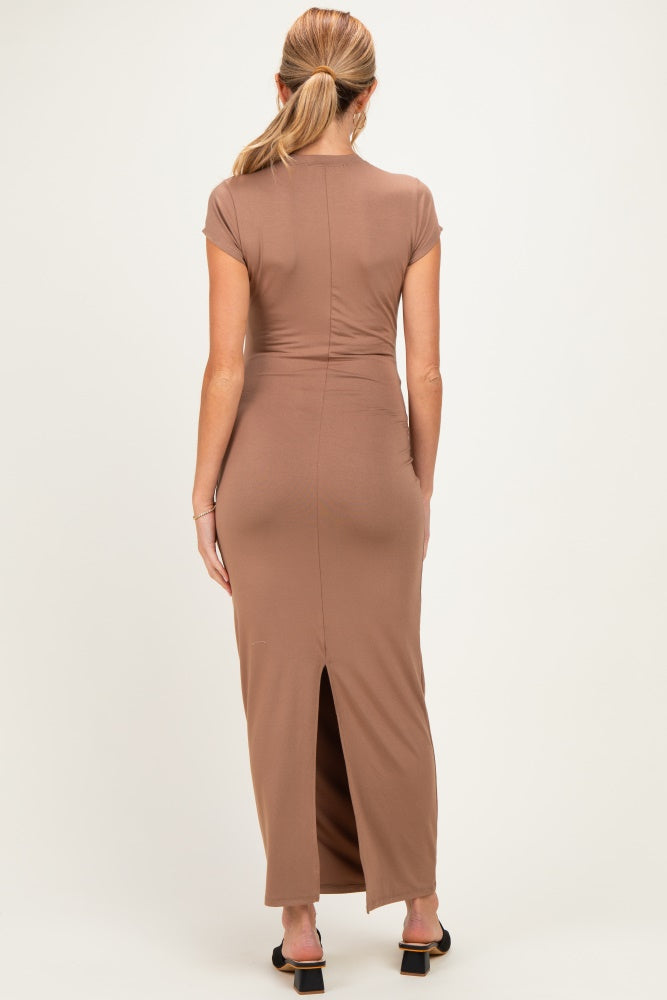 Mocha Fitted Short Sleeve Maternity Maxi Dress