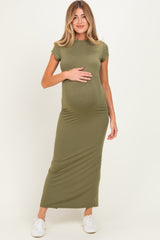 Olive Fitted Short Sleeve Maternity Maxi Dress