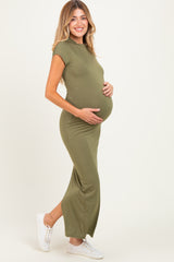 Olive Fitted Short Sleeve Maternity Maxi Dress