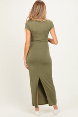 Olive Fitted Short Sleeve Maternity Maxi Dress