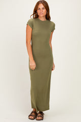 Olive Fitted Short Sleeve Maternity Maxi Dress