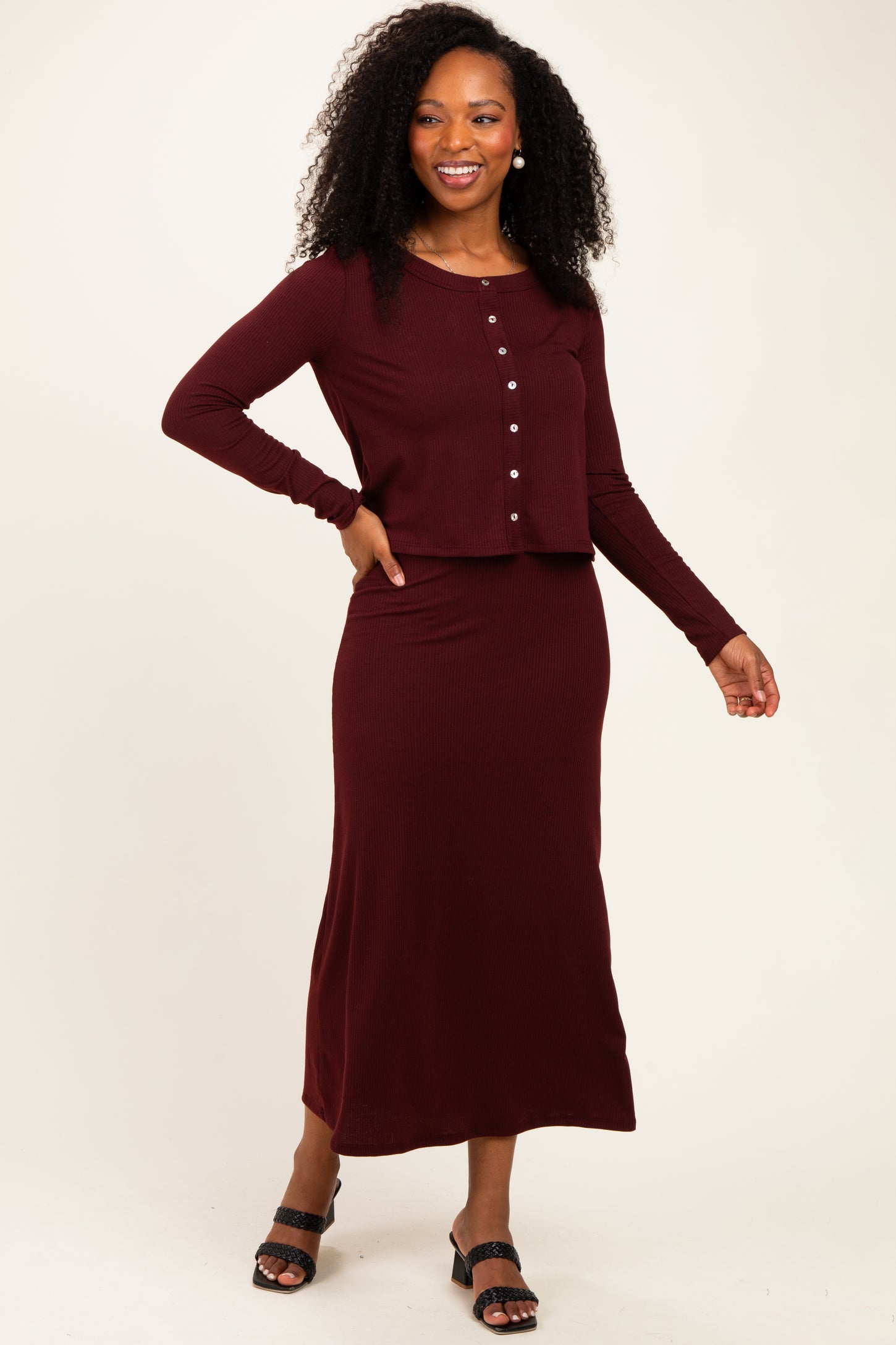 Burgundy Knit Dress Cardigan Set