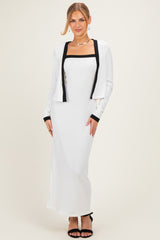 White/ Black Color Block Sleeveless Fitted Dress Cardigan Set