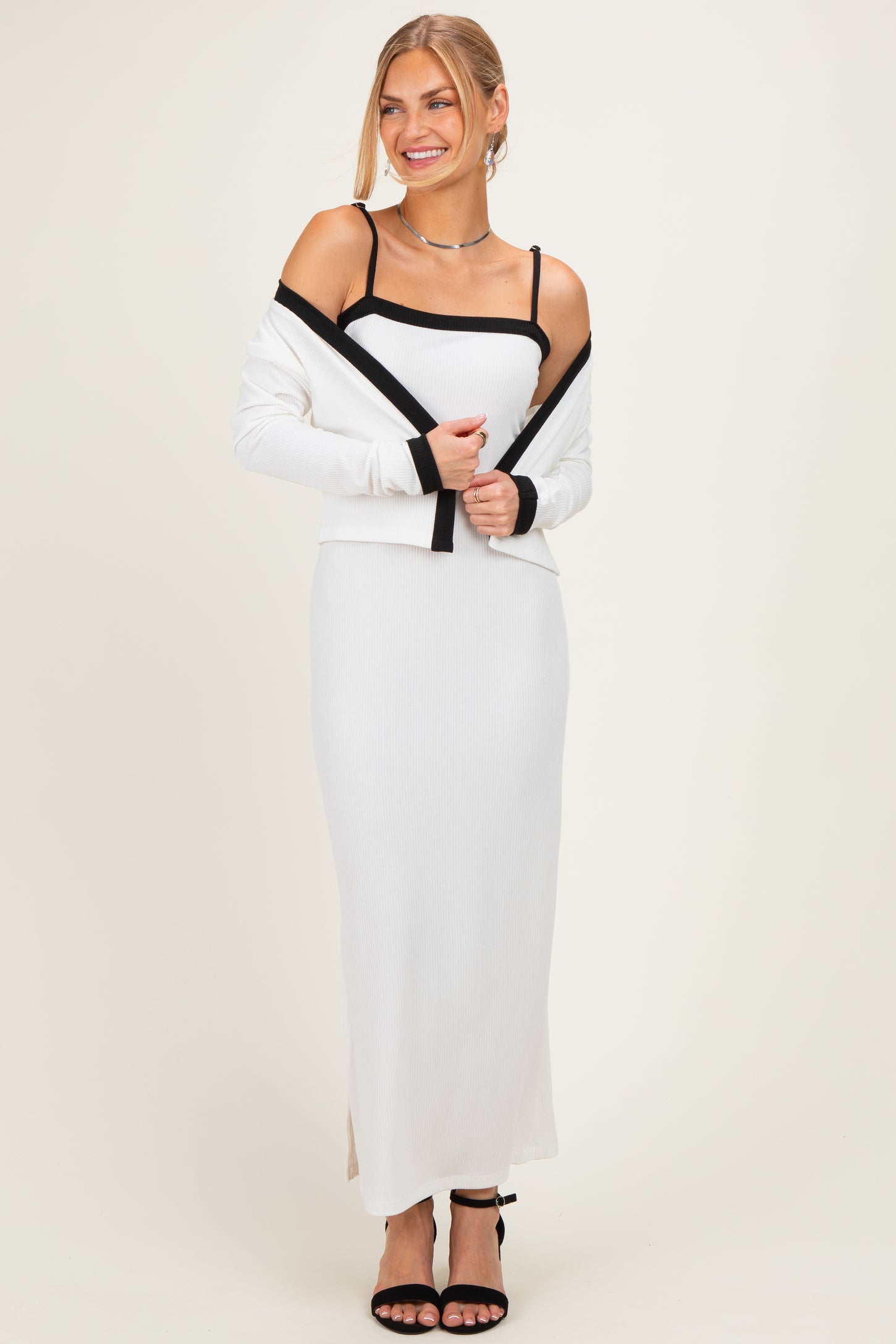 White/ Black Color Block Sleeveless Fitted Dress Cardigan Set