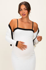 White/ Black Color Block Sleeveless Fitted Dress Maternity Cardigan Set