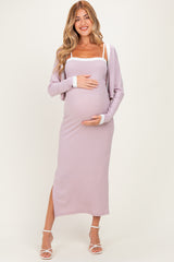 Light Pink/ White Color Block Sleeveless Fitted Dress Maternity Cardigan Set