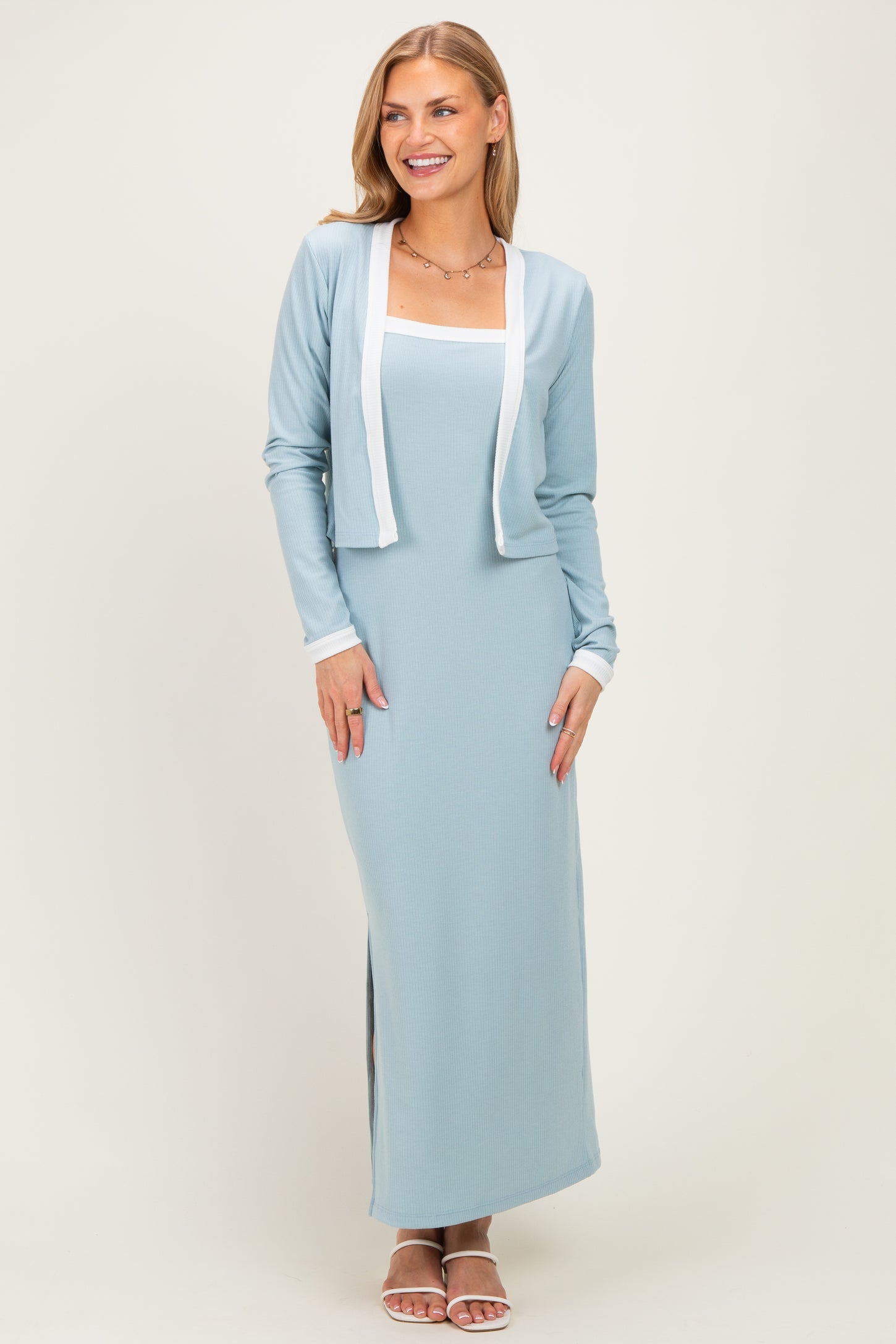 Light Blue/ White Color Block Sleeveless Fitted Dress Cardigan Set