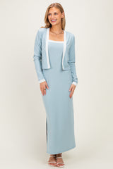 Light Blue/ White Color Block Sleeveless Fitted Dress Maternity Cardigan Set