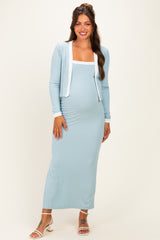 Light Blue/ White Color Block Sleeveless Fitted Dress Maternity Cardigan Set