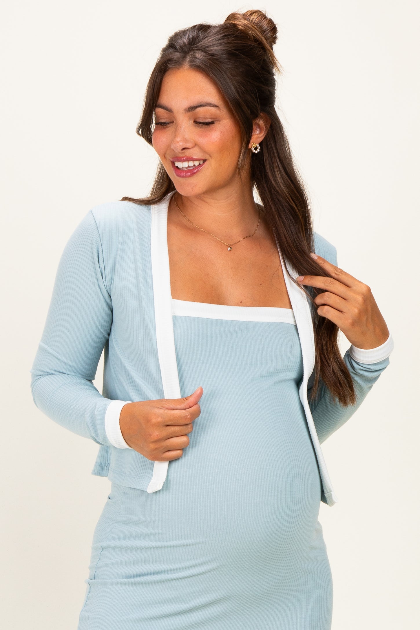 Light Blue/ White Color Block Sleeveless Fitted Dress Maternity Cardigan Set