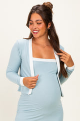 Light Blue/ White Color Block Sleeveless Fitted Dress Maternity Cardigan Set