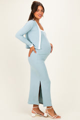 Light Blue/ White Color Block Sleeveless Fitted Dress Maternity Cardigan Set