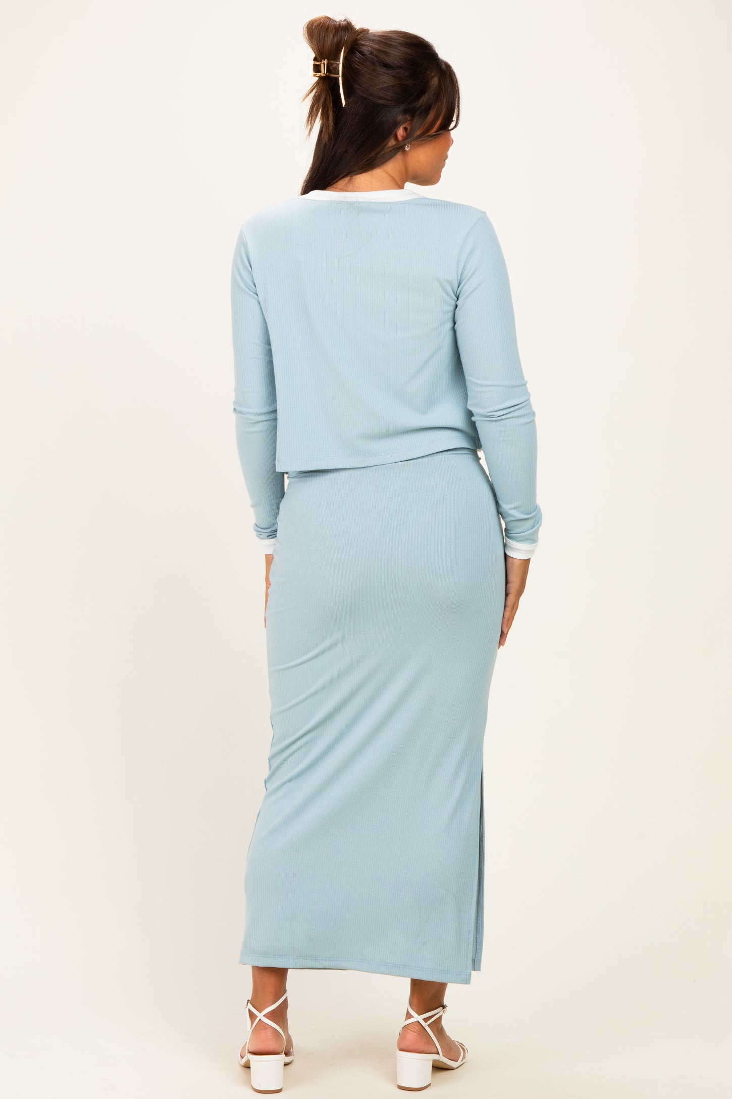Light Blue/ White Color Block Sleeveless Fitted Dress Maternity Cardigan Set