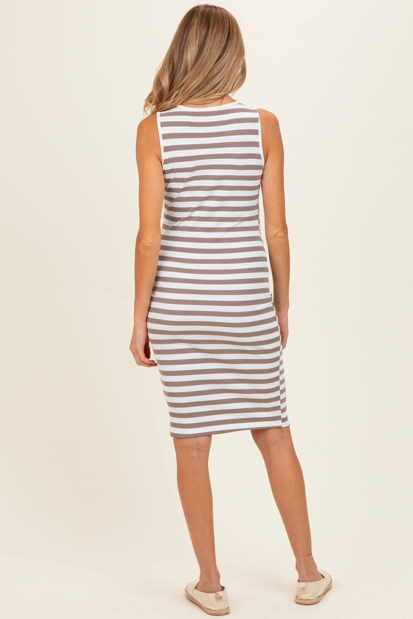 Mocha/White Ribbed Striped Maternity Bodycon Dress