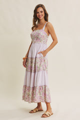 Lavender Multi Floral Tiered Sleeveless Midi Dress