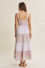 Lavender Multi Floral Tiered Sleeveless Midi Dress