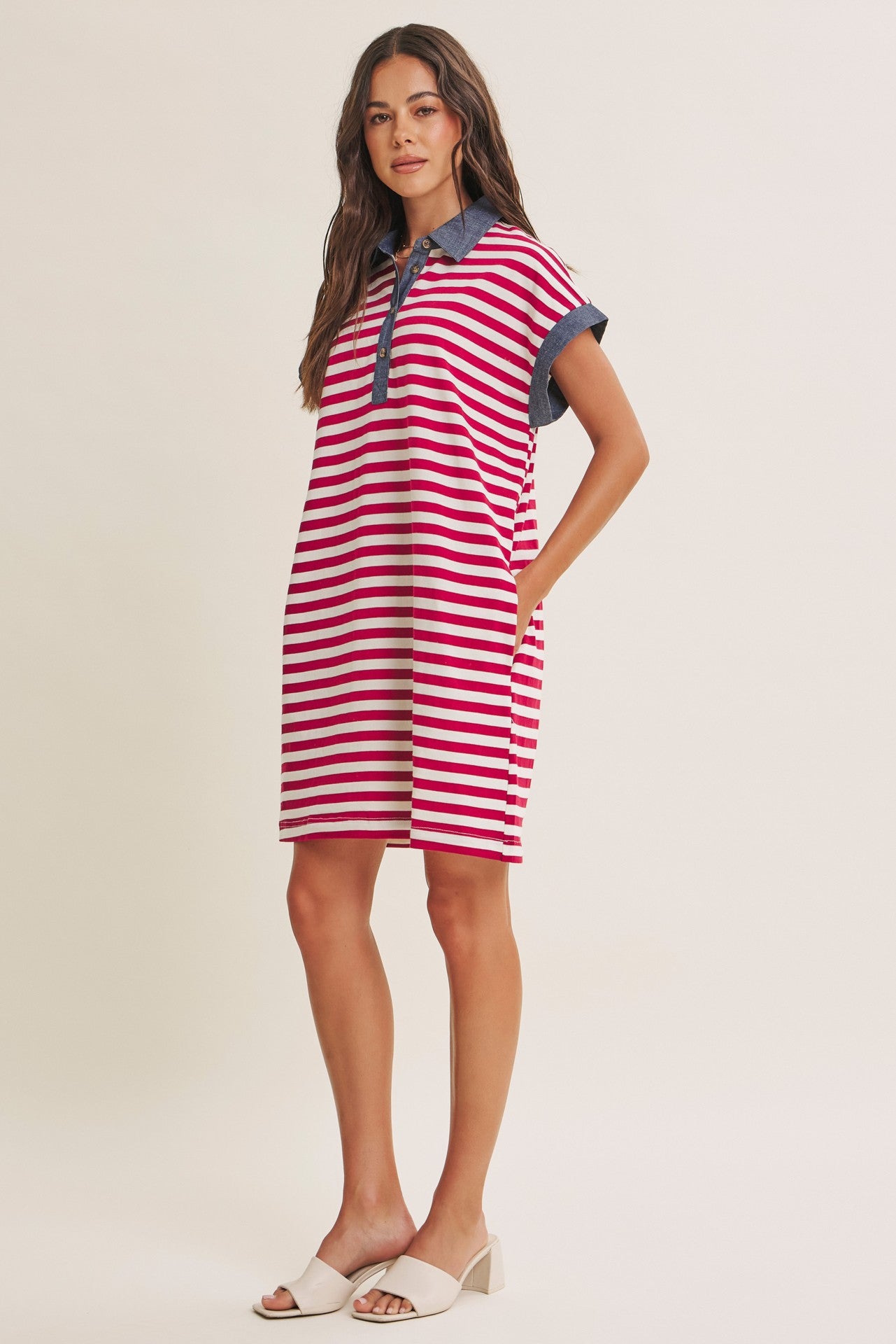 Burgundy/Cream Relaxed Fit Striped Polo Mini Dress