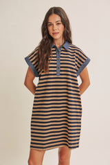 Navy/Mocha Relaxed Fit Striped Polo Mini Dress