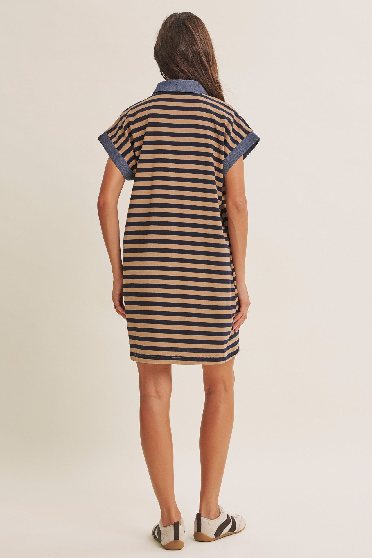 Navy/Mocha Relaxed Fit Striped Polo Mini Dress
