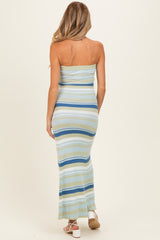 Blue Multi Striped Strapless Flare Maternity Maxi Dress