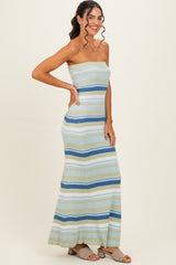 Blue Multi Striped Strapless Flare Maxi Dress