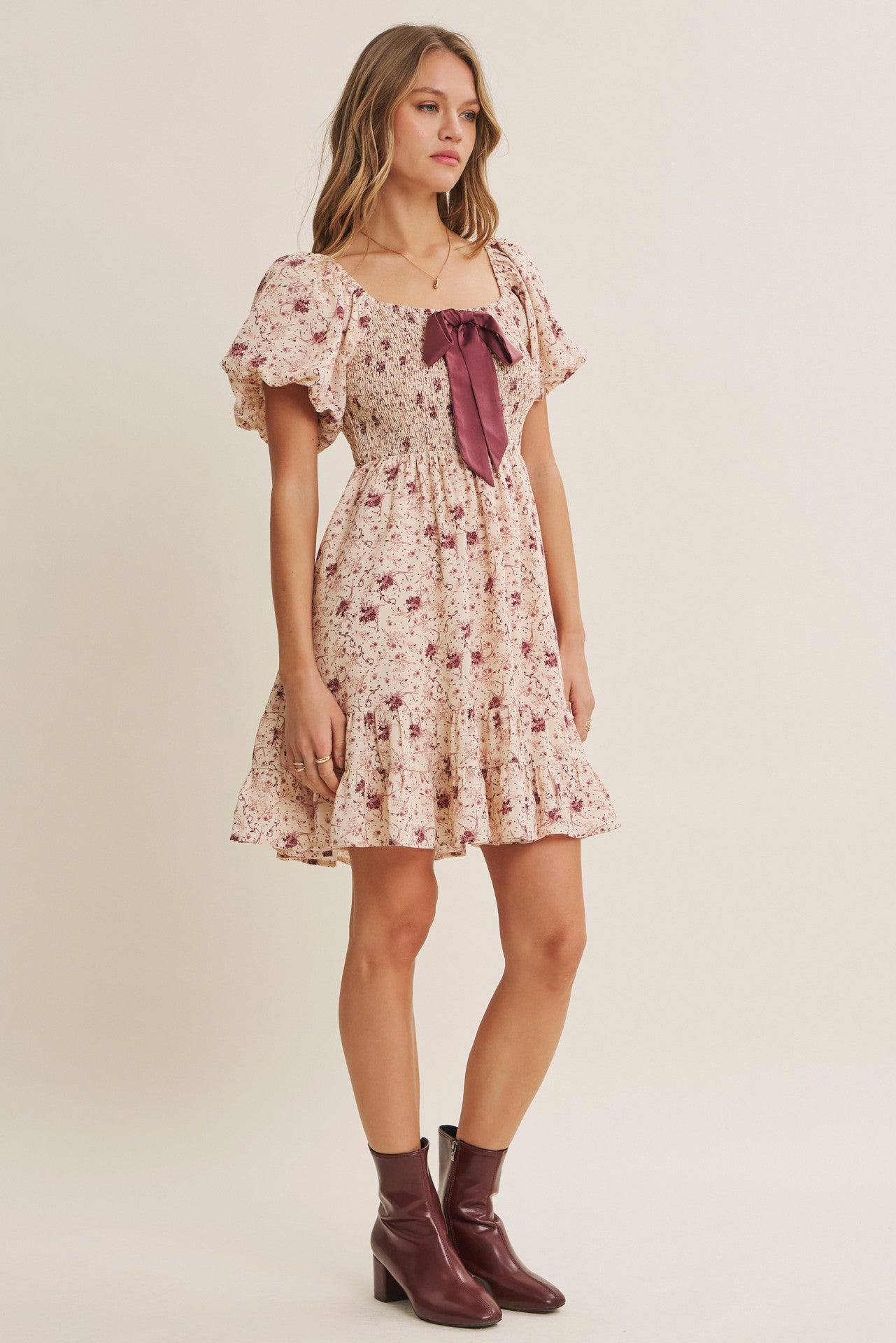 Burgundy Bow Smocked Bubble Sleeve Mini Dress