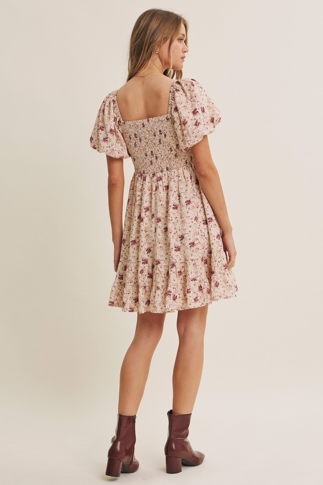 Burgundy Bow Smocked Bubble Sleeve Mini Dress