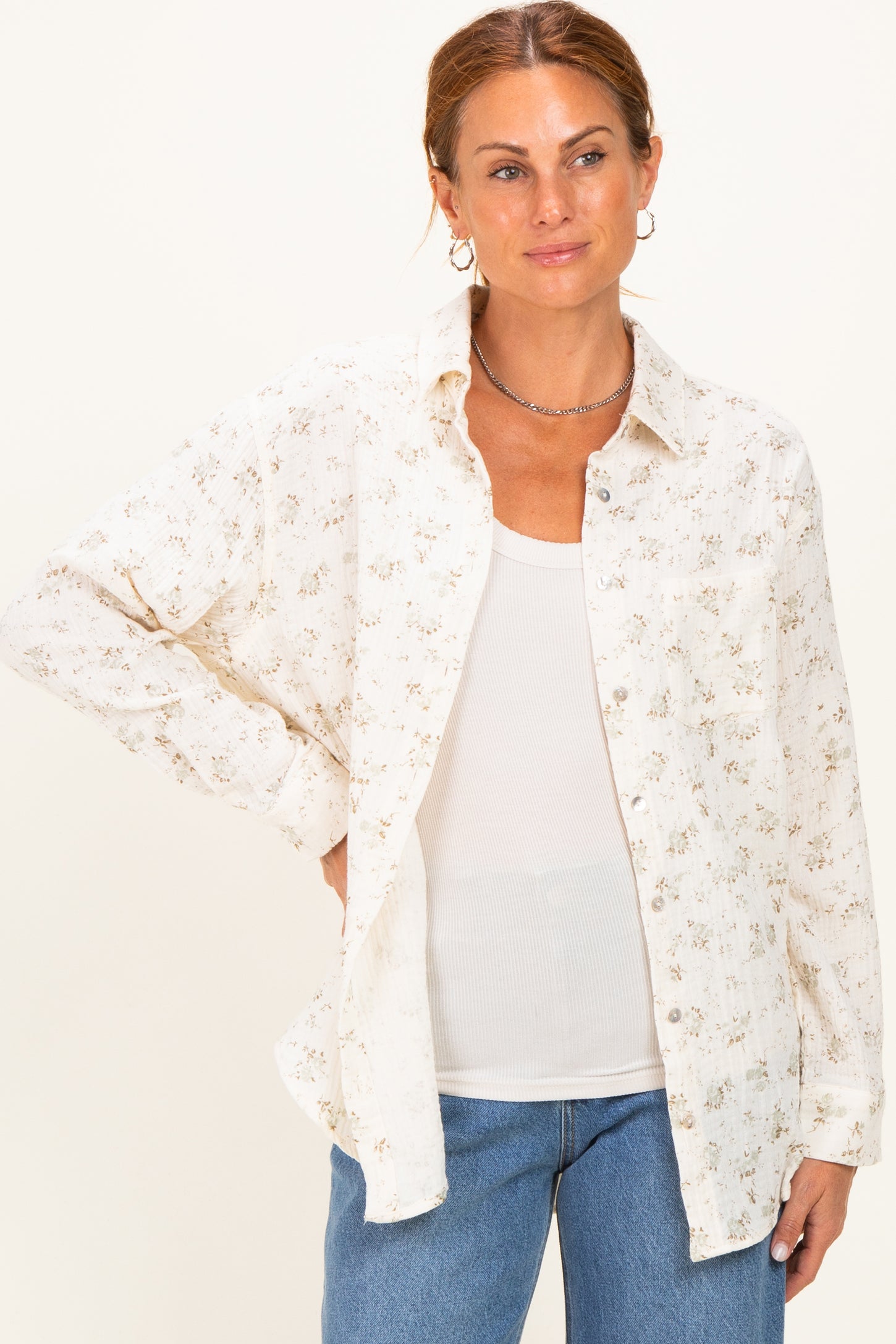 Sage Floral Cotton Gauze Button-Down Shirt