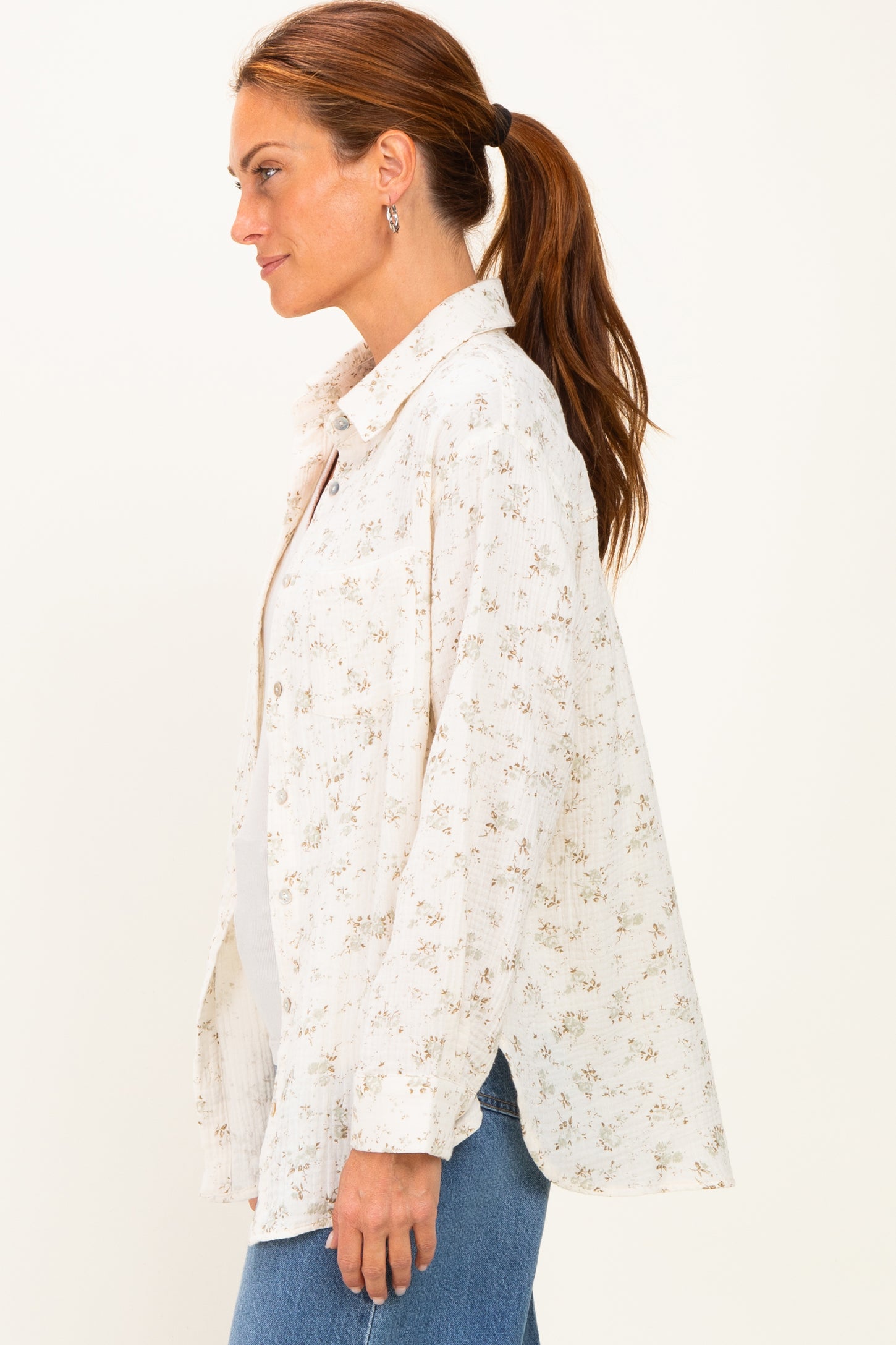 Sage Floral Cotton Gauze Button-Down Shirt