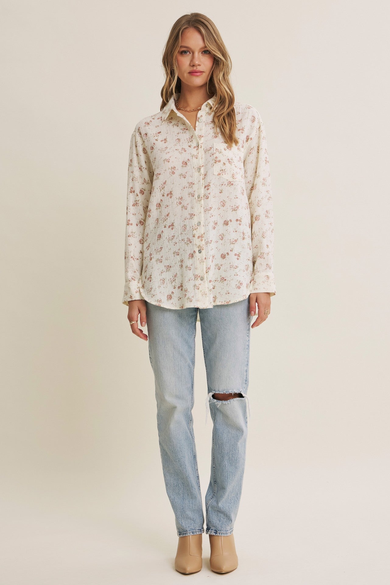 Mauve Floral Cotton Gauze Oversized Button-Down Shirt