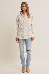 Mauve Floral Cotton Gauze Oversized Button-Down Shirt
