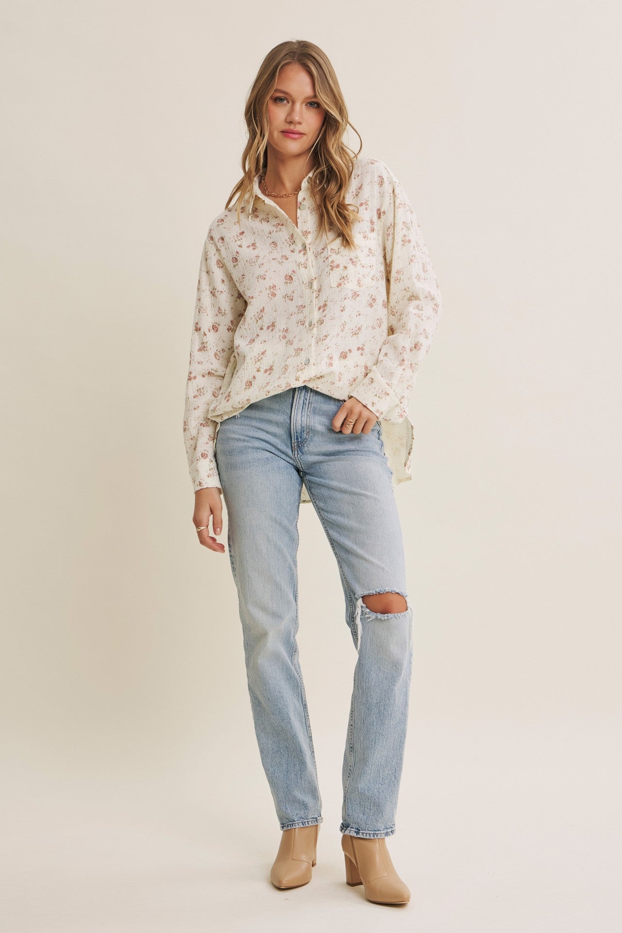 Mauve Floral Cotton Gauze Oversized Button-Down Shirt