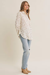 Mauve Floral Cotton Gauze Oversized Button-Down Shirt