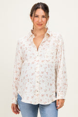 Mauve Floral Cotton Gauze Oversized Button-Down Maternity Shirt