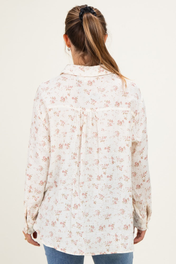 Mauve Floral Cotton Gauze Oversized Button-Down Maternity Shirt