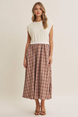 Cream/Mocha Plaid Cap Sleeve Maternity Midi Dress