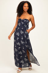 Dark Blue Floral Strapless Cutout Maternity Maxi Dress