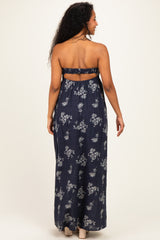 Dark Blue Floral Strapless Cutout Maternity Maxi Dress