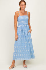 Blue Embroidered Smocked Maternity Maxi Dress