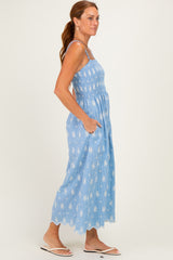 Blue Embroidered Smocked Maxi Dress