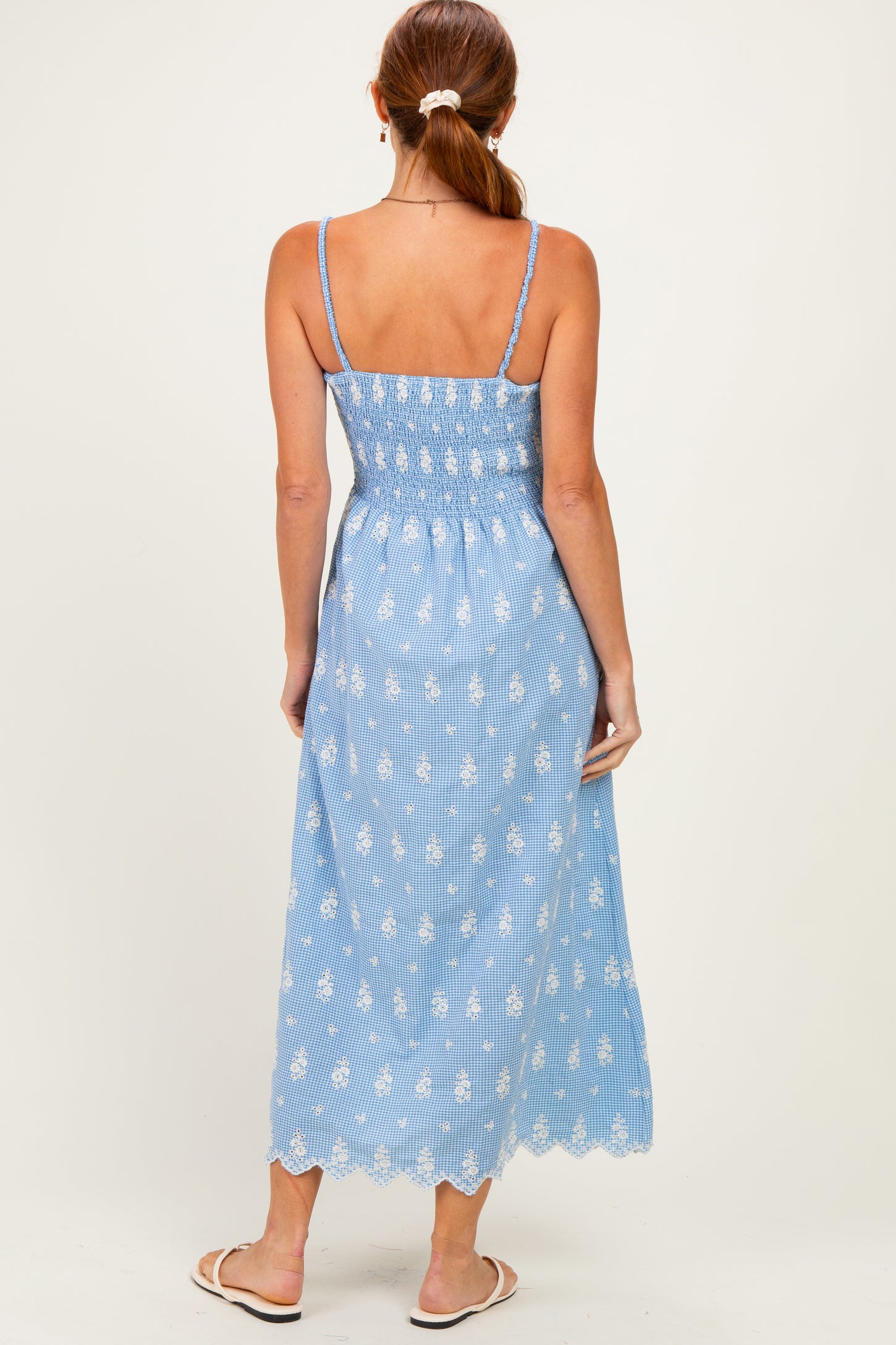 Blue Embroidered Smocked Maxi Dress
