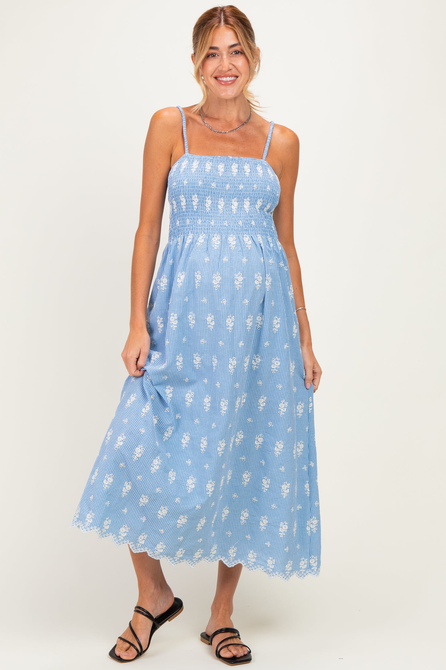 Blue Embroidered Smocked Maternity Maxi Dress