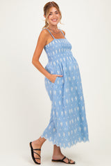 Blue Embroidered Smocked Maternity Maxi Dress