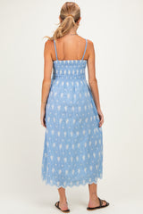Blue Embroidered Smocked Maternity Maxi Dress