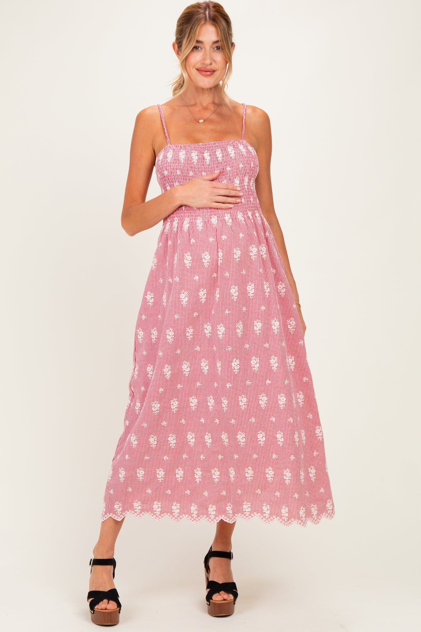 Red Embroidered Smocked Maternity Maxi Dress