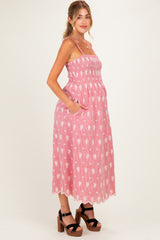 Red Embroidered Smocked Maternity Maxi Dress
