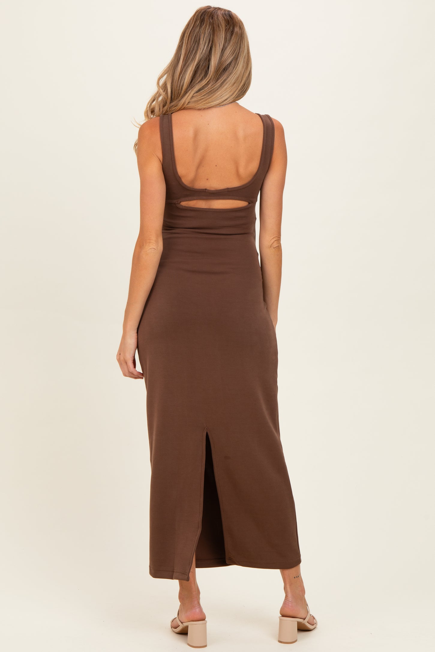 Brown Fitted Cutout Maternity Maxi Tank Dress